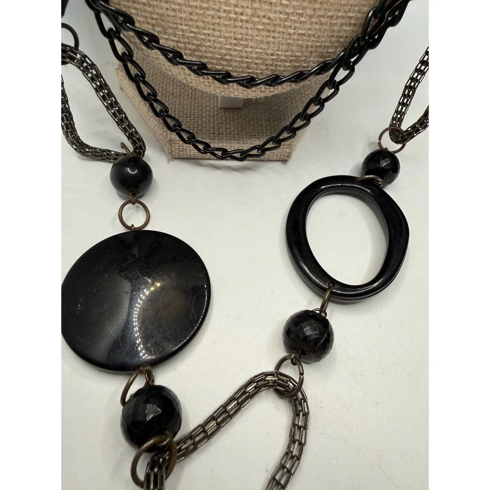 Black Chunky Statement Necklace Multi Strand Geometric Resin Disc Gunmetal Chain